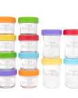 Set of 12 4oz and 8oz embossed glass jars with matte colored plastic lids and dry-erase marker on white background.