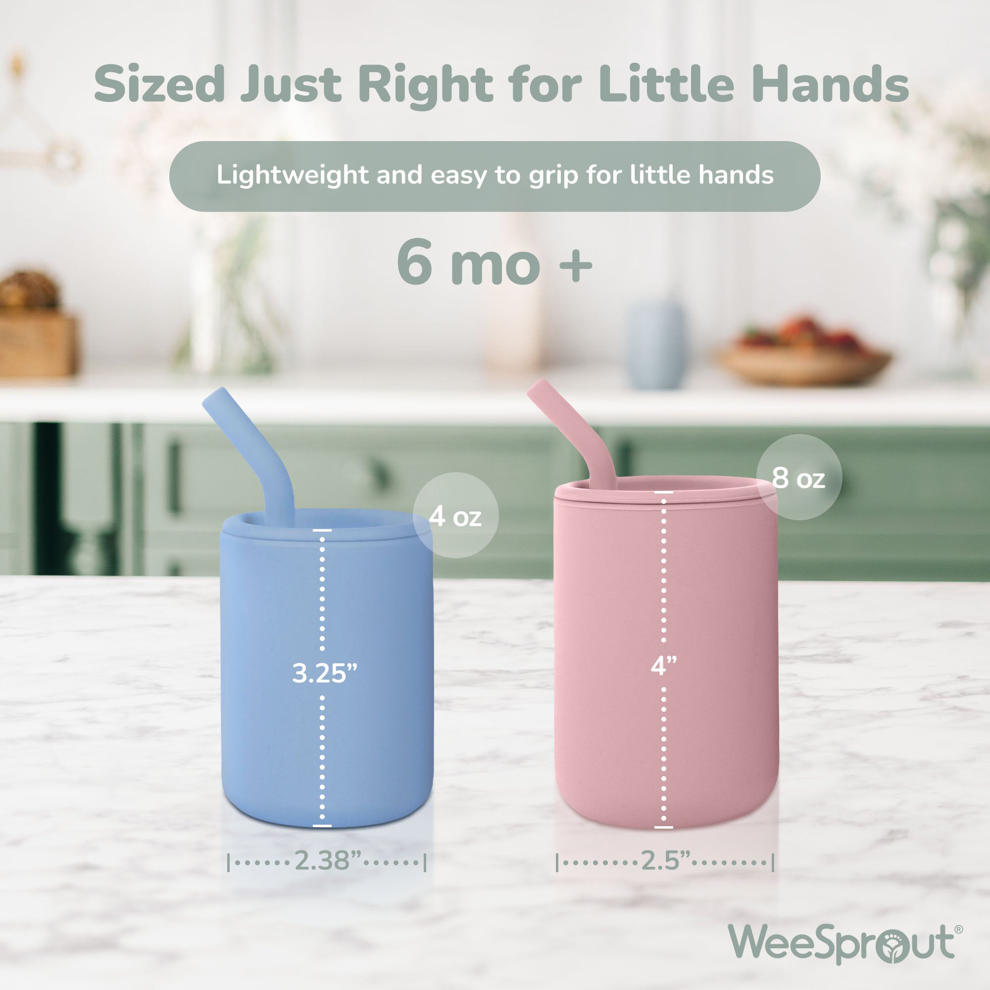 WeeSprout Silicone Baby Cups With Straws and Lids, 8 oz, Set of 2