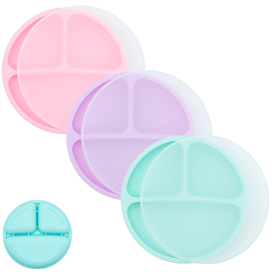 Silicone Divided Plates (Non-Suction) – Set of 3 (Lid Option Available)