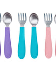 Stainless Steel & Silicone Toddler Utensils – Set of 6 (3 Forks + 3 Spoons)