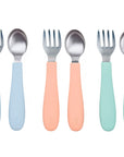 Stainless Steel & Silicone Toddler Utensils – Set of 6 (3 Forks + 3 Spoons)