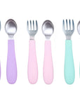 Stainless Steel & Silicone Toddler Utensils – Set of 6 (3 Forks + 3 Spoons)