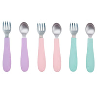 Stainless Steel & Silicone Toddler Utensils – Set of 6 (3 Forks + 3 Spoons)