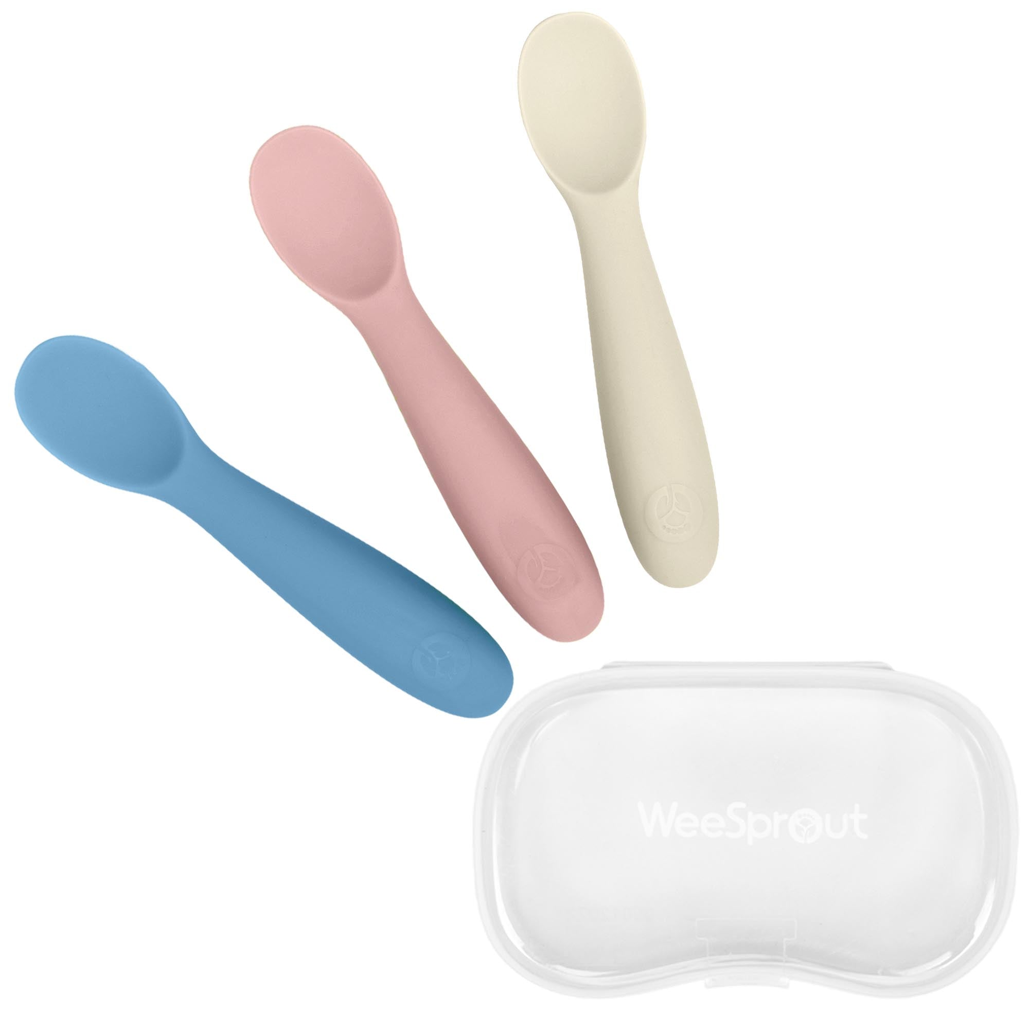 WeeSprout Toddler Utensils, 3 Forks & 3 Spoons, 18/8 Stainless Steel & Food Grade Silicone, Blue, Pink, Off-White