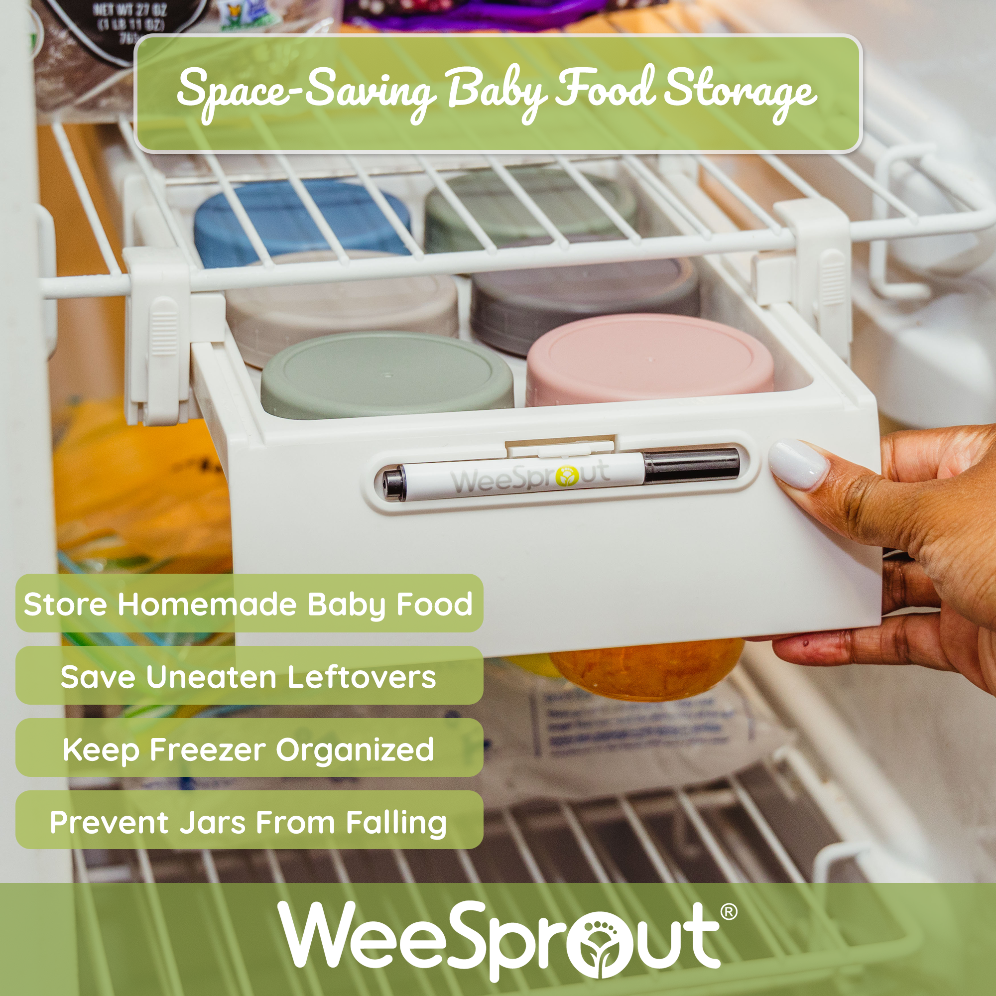 WeeSprout Freezer Tray for Baby Food Storage Jars, Holds 4 oz & 8oz Glass Baby Food Containers, Fits Most Freezers, Space-Saving Drawer Design