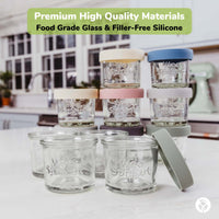 Glass jars with silicone lids on kitchen counter with infographic description.