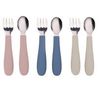 Stainless Steel & Silicone Toddler Utensils – Set of 6 (3 Forks + 3 Spoons)