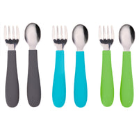 Stainless Steel & Silicone Toddler Utensils – Set of 6 (3 Forks + 3 Spoons)