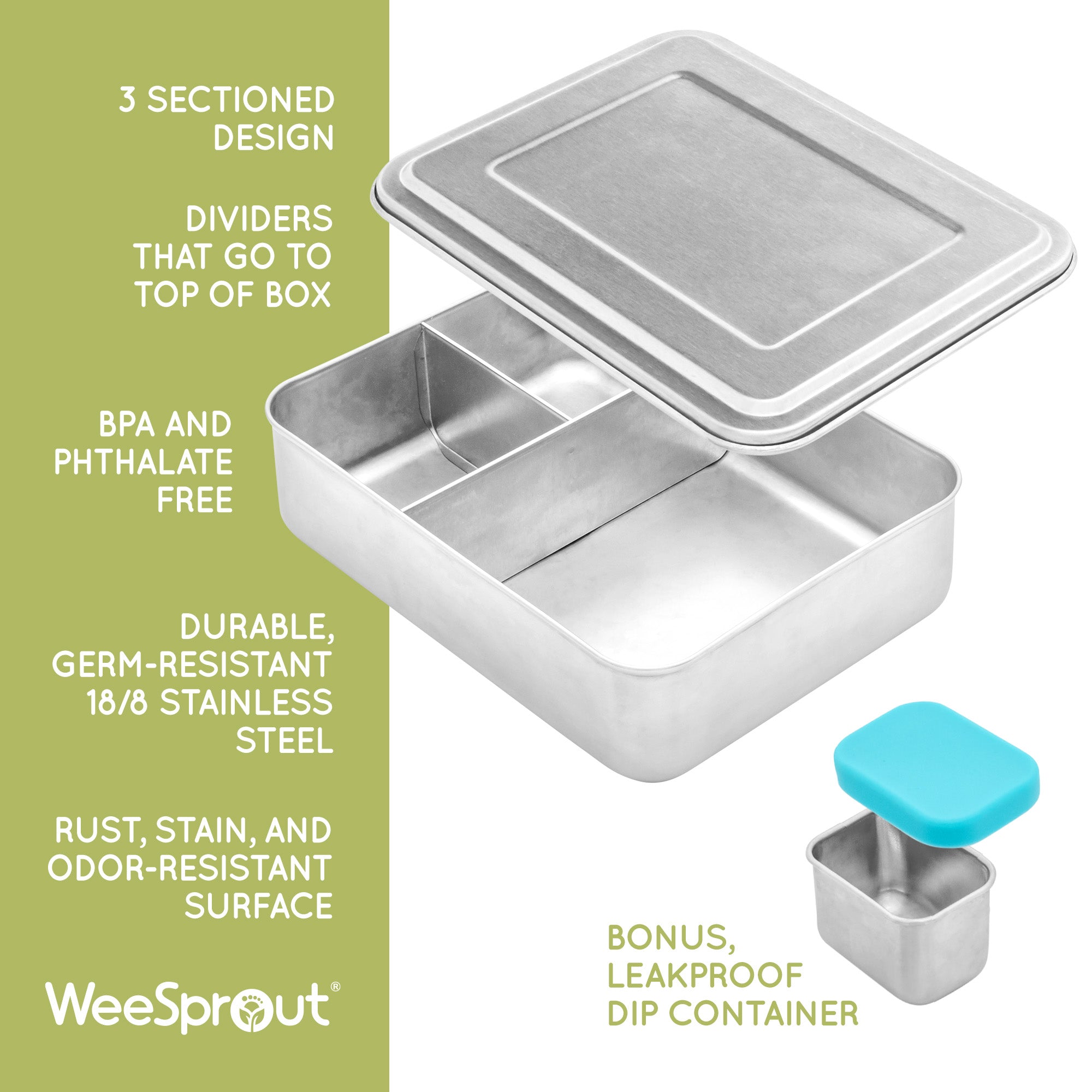 WeeSprout 18/8 Stainless Steel Bento Box (Compact Lunch Box) - 3 Compartment Metal Lunch Containers, for Kids & Adults, Bonus