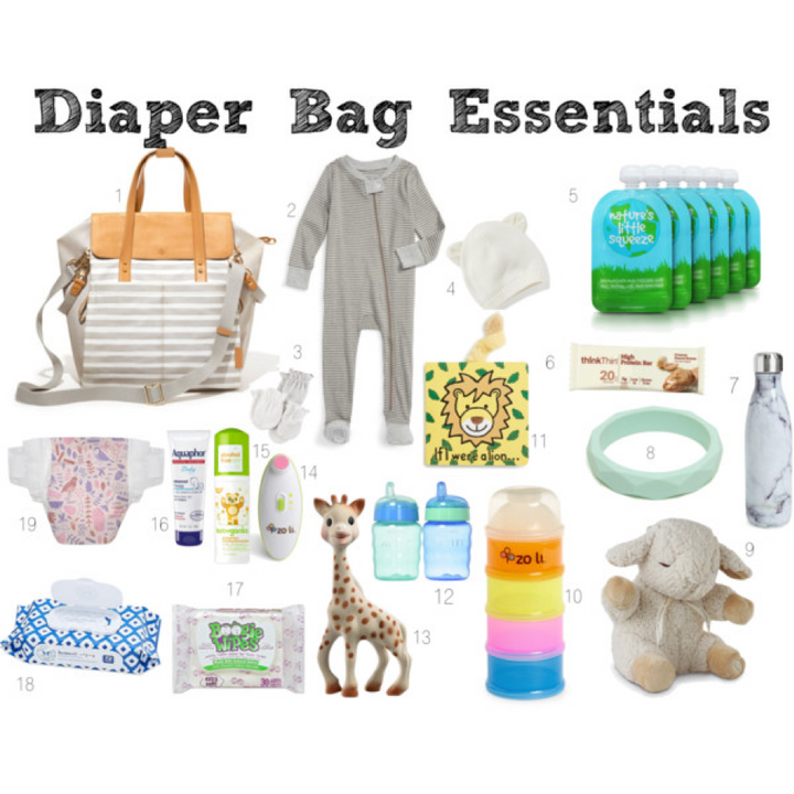 Image with various items. text at the top saying Diaper bag essentials. Items starting from the left  Diaper bag, a onsie, beanie, reusable food pouches, underneath a set of diapers, baby cream, baby wipes, sippy cups, a giraffe doll and a sheep doll
