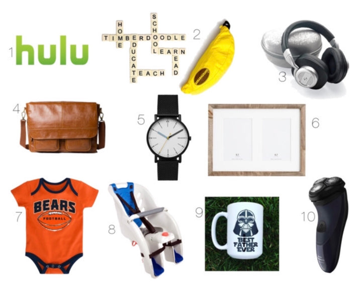 Ideas for dad gifts has a hulu logo, scrabble, banana, pencil holder, head phones, baby bag, a watch, a picture frame, Bears onsie, a car seat, a coffee mug and an electric shaver