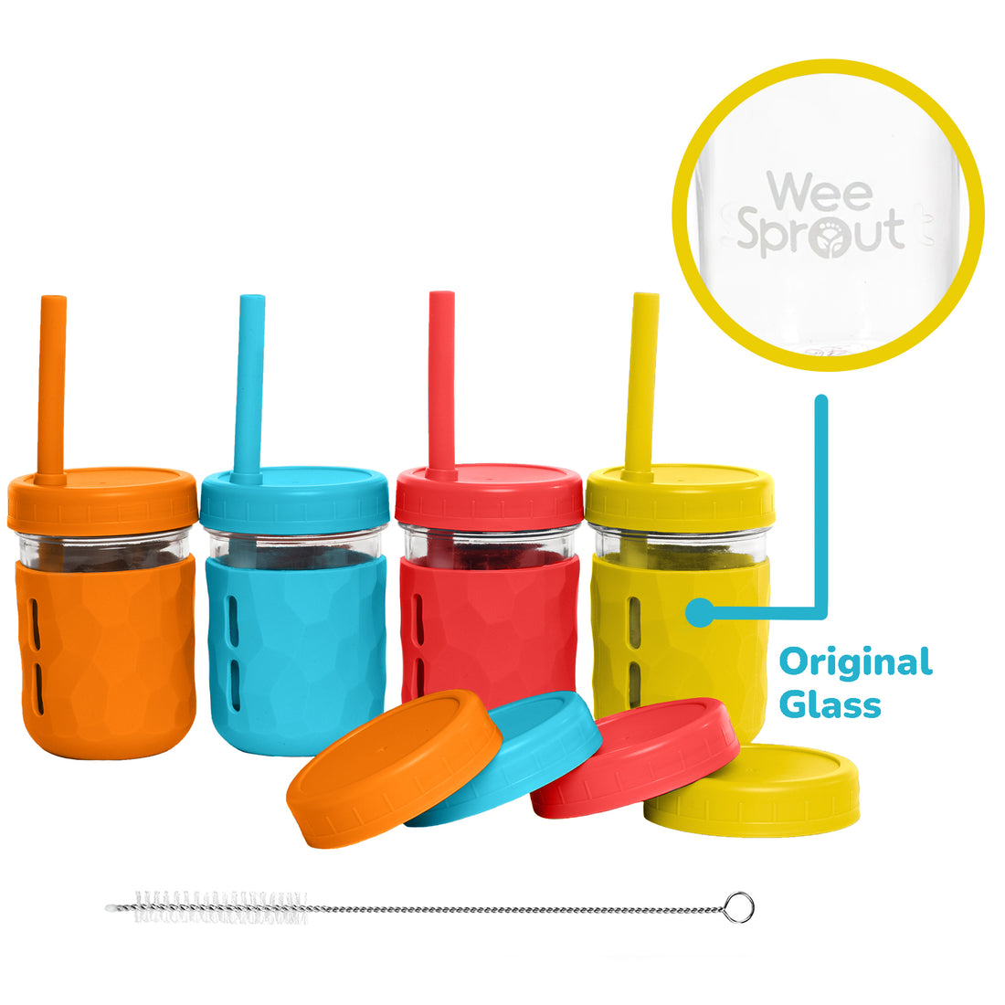 WeeSprout Glass Cups with Lids & Straws, Spill-Resistant Cups for Toddlers & Kids, Triple As Toddler Cups, Baby Food Storage & Snack Jars, XL Silicone