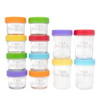 Set of 12 4oz and 8oz embossed glass jars with matte colored plastic lids and dry-erase marker on white background.