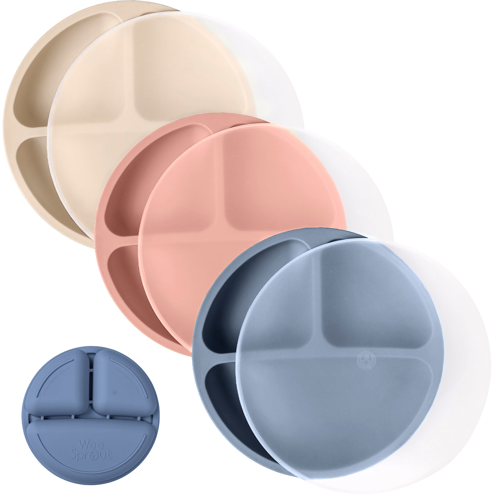 Silicone Divided Plates with Lids (Non-Suction) – Set of 3