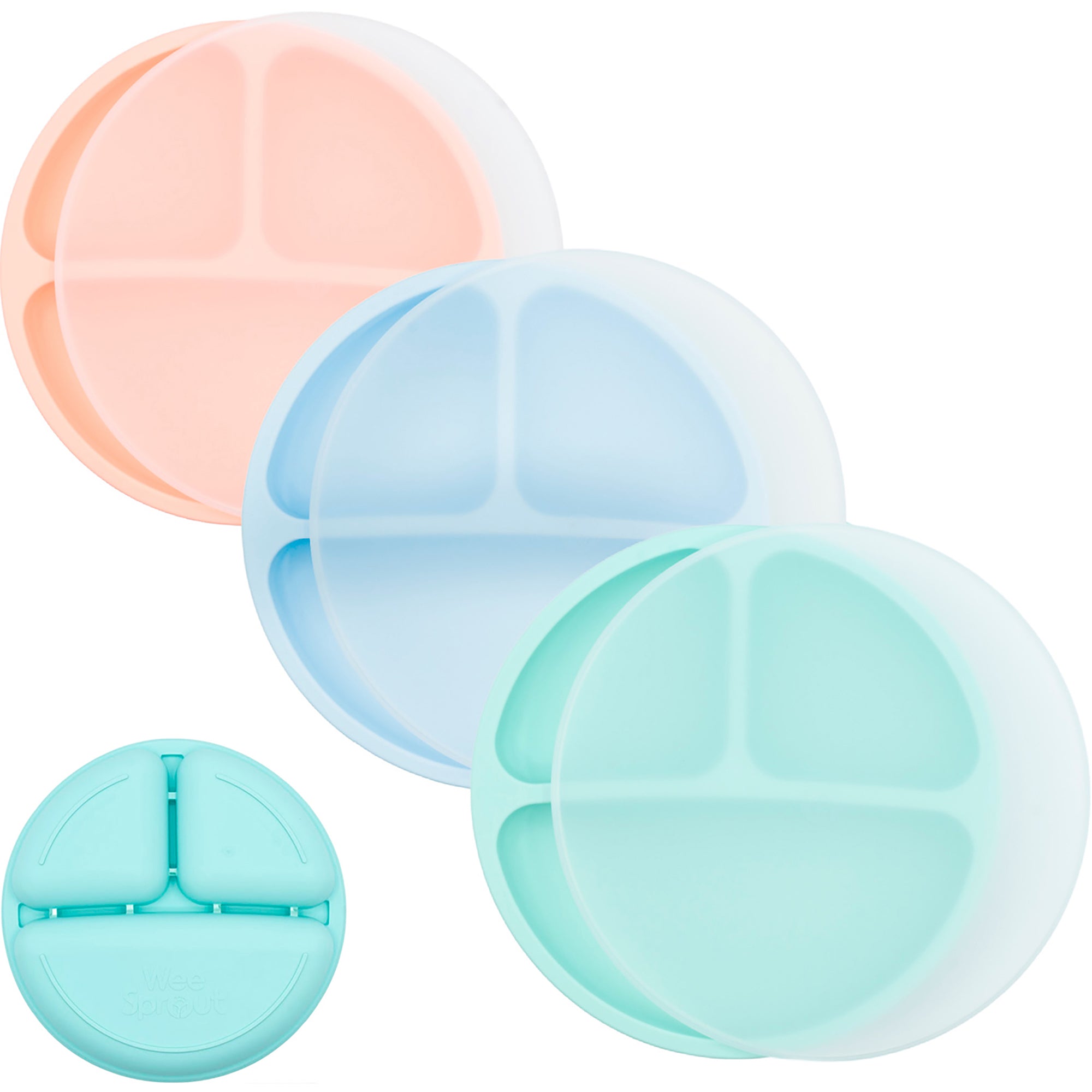 Silicone Divided Plates with Lids (Non-Suction) – Set of 3