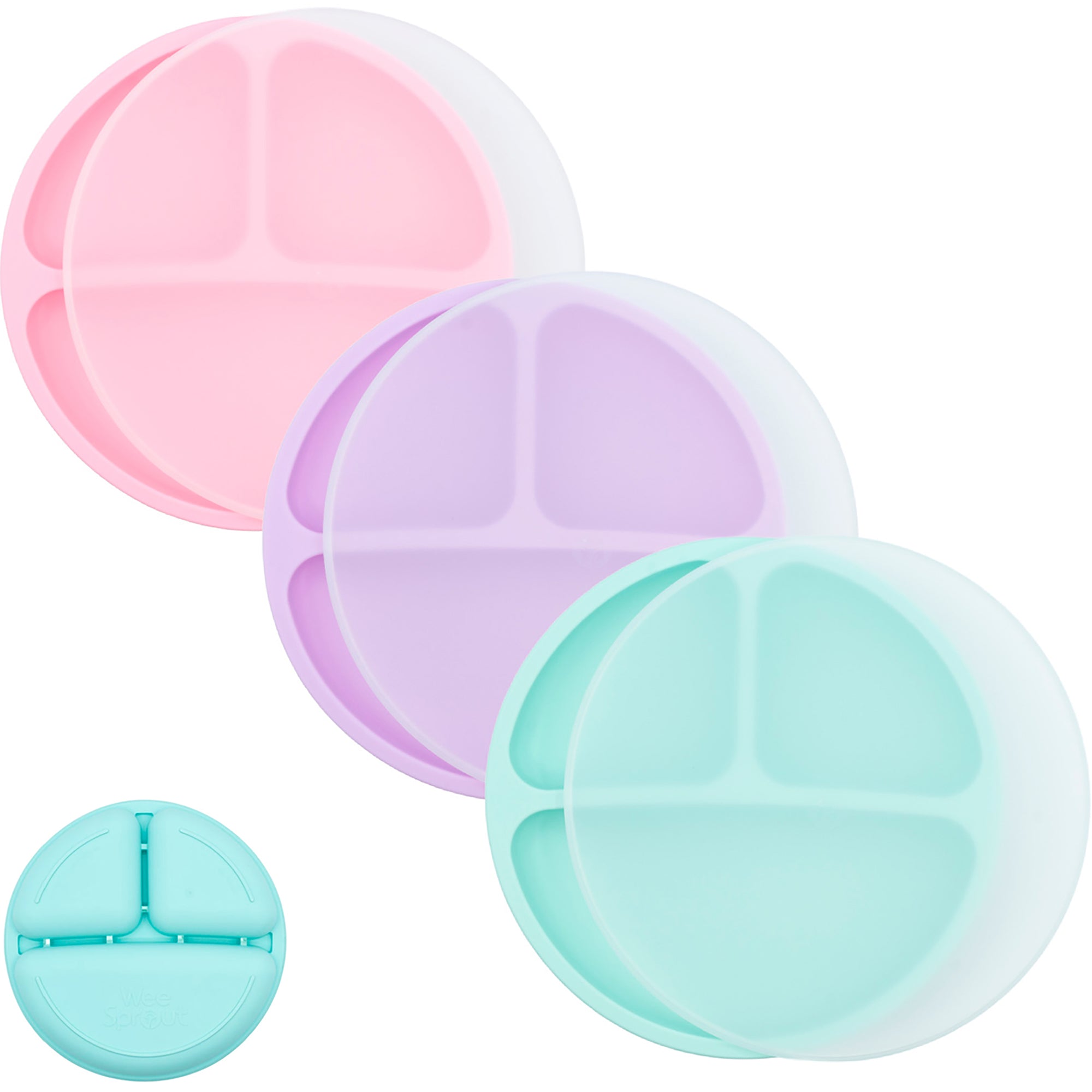 Silicone Divided Plates with Lids (Non-Suction) – Set of 3