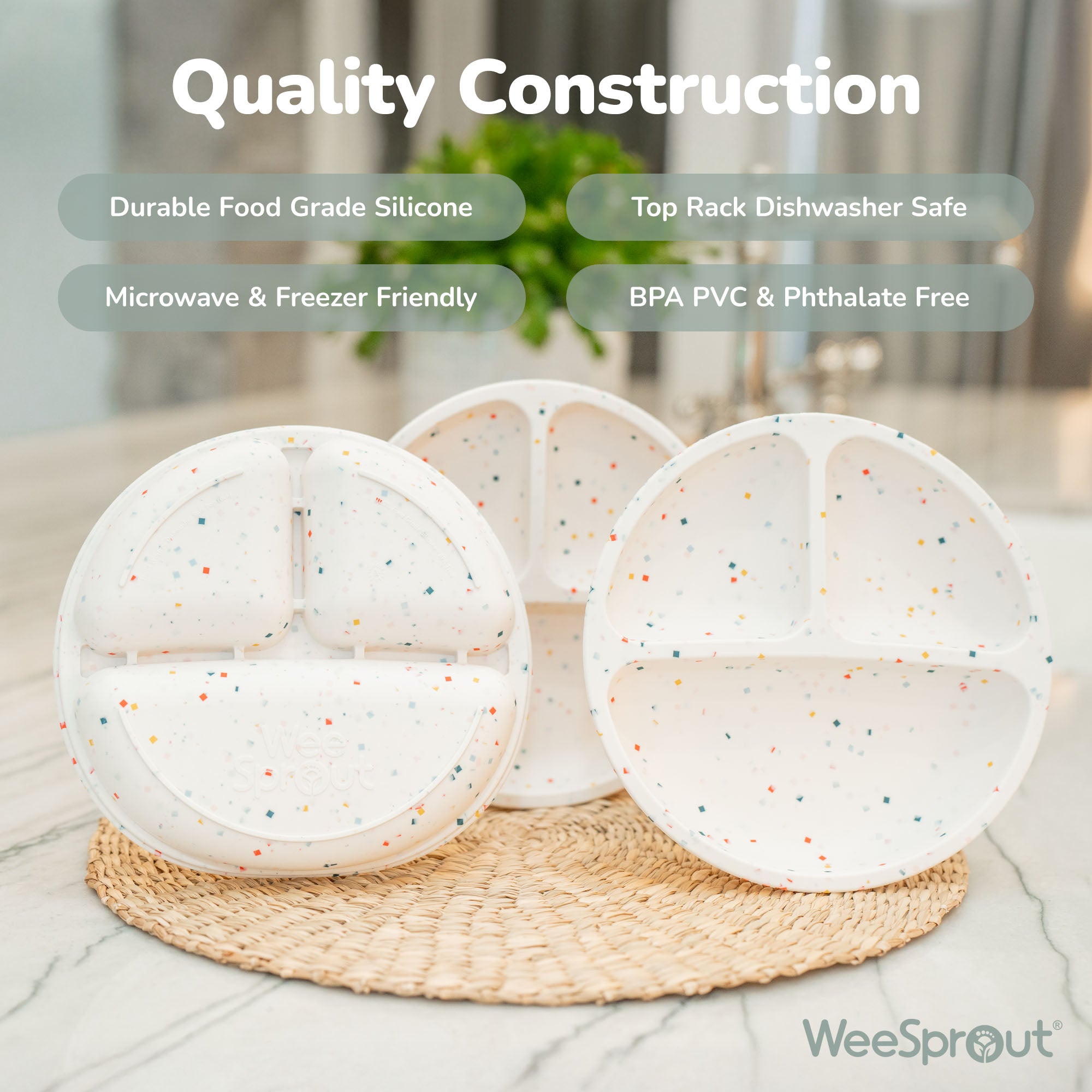 Silicone Divided Plates with Lids (Non-Suction) – Set of 3