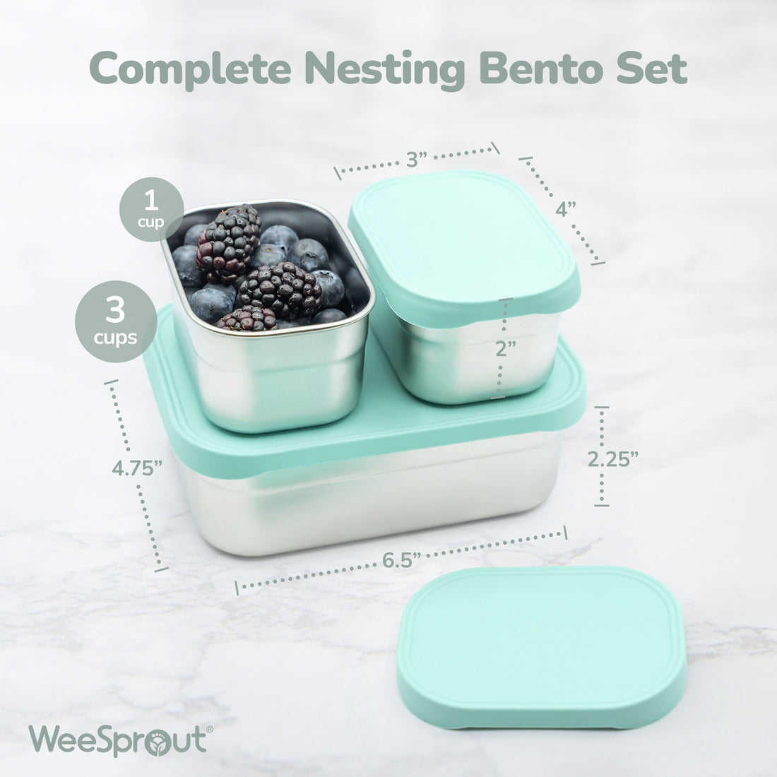 Stainless Steel Bento Box Set with Silicone Lids – 3-Cup + Two 1-Cup Nesting Containers