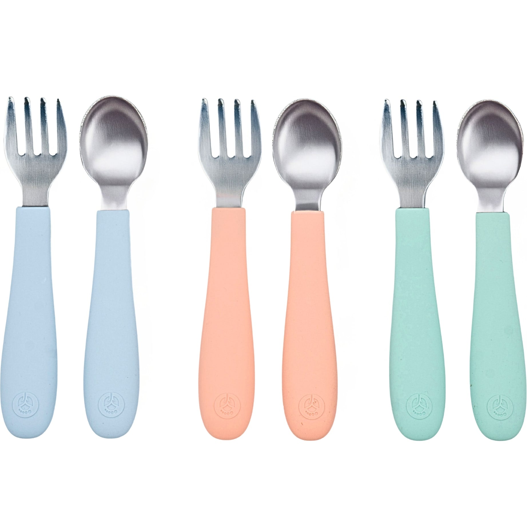 Stainless Steel &amp; Silicone Toddler Utensils – Set of 6 (3 Forks + 3 Spoons)