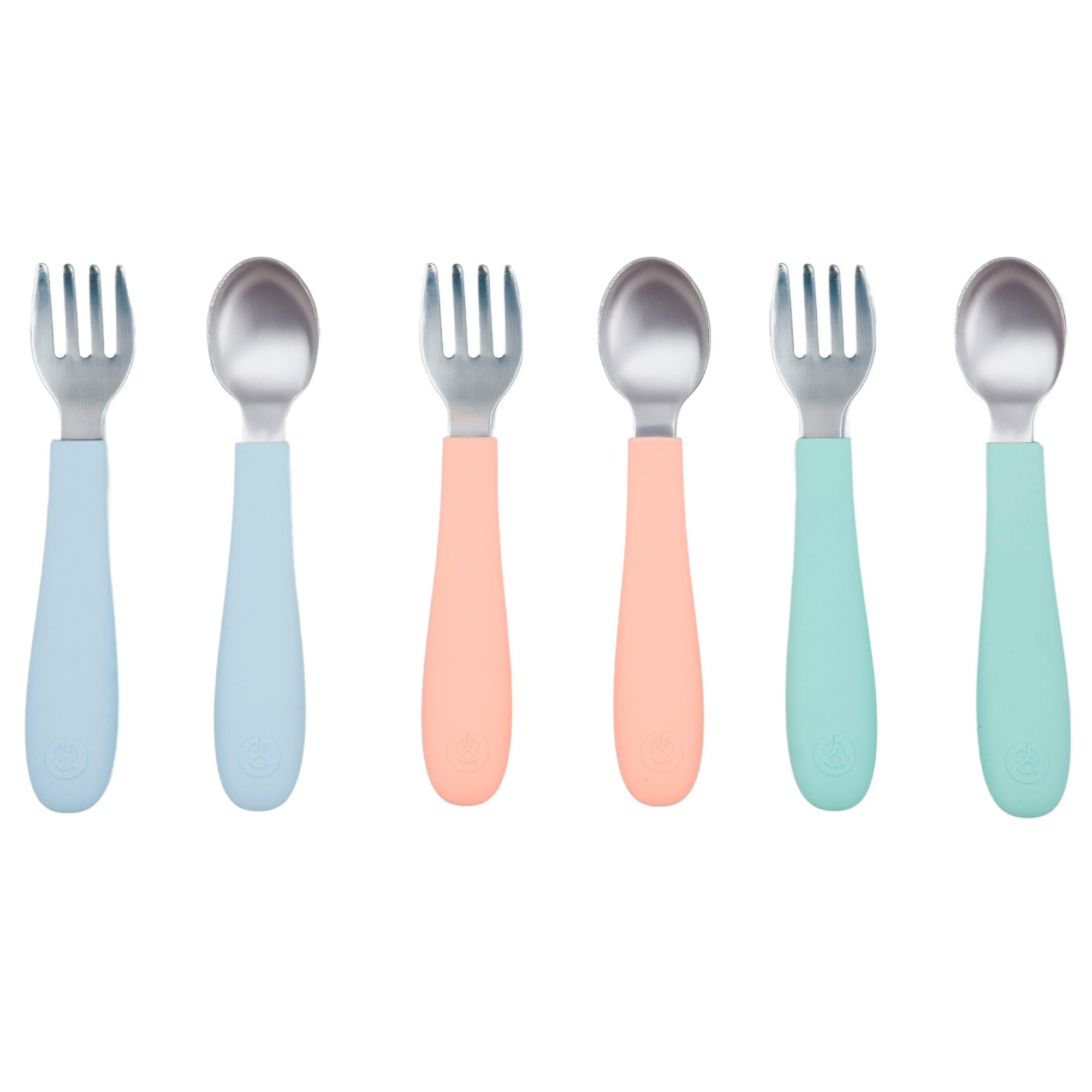 Stainless Steel &amp; Silicone Toddler Utensils – Set of 6 (3 Forks + 3 Spoons)