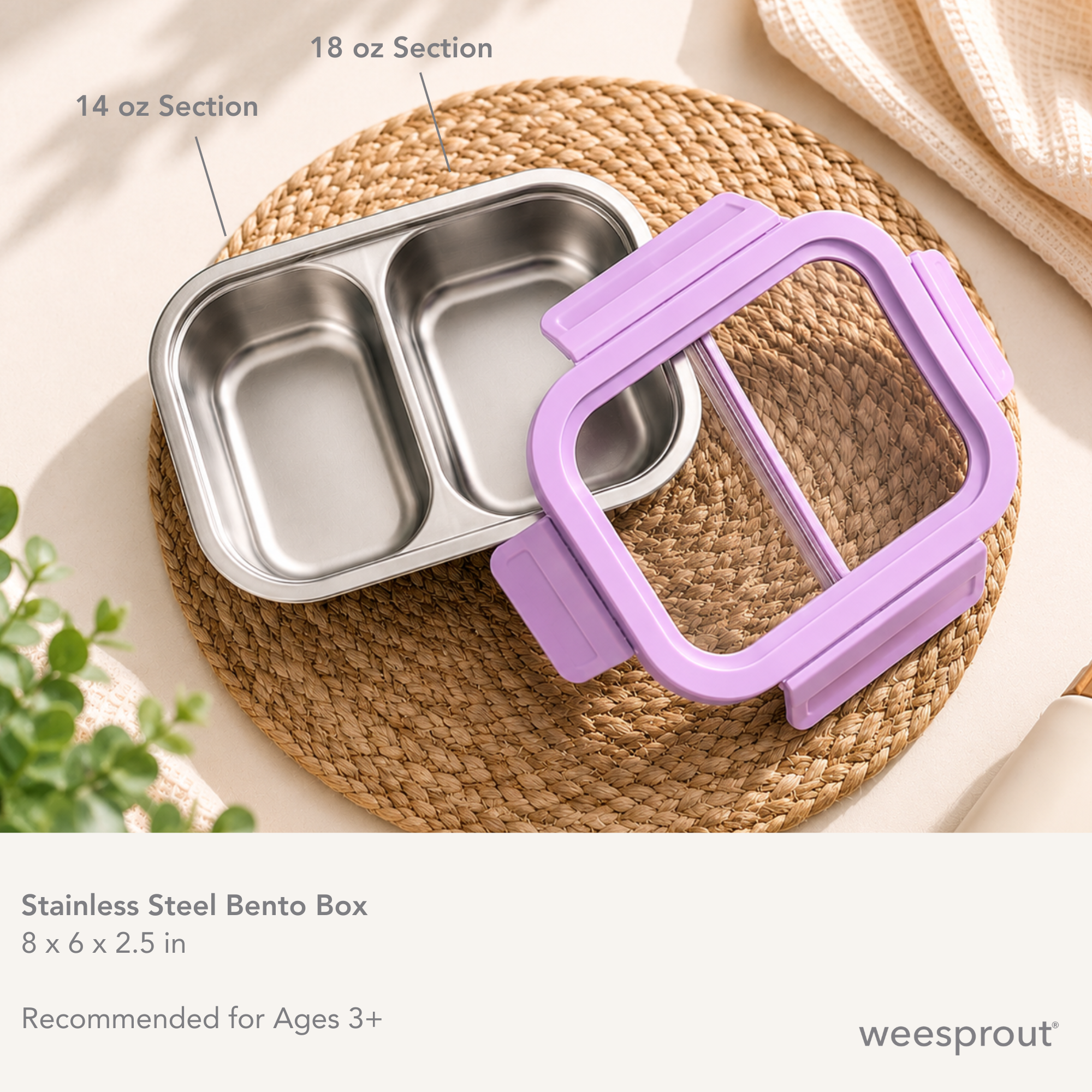 Stainless Steel Bento Box with Leak-Resistant Lid with 14 oz &amp; 18 oz Sections