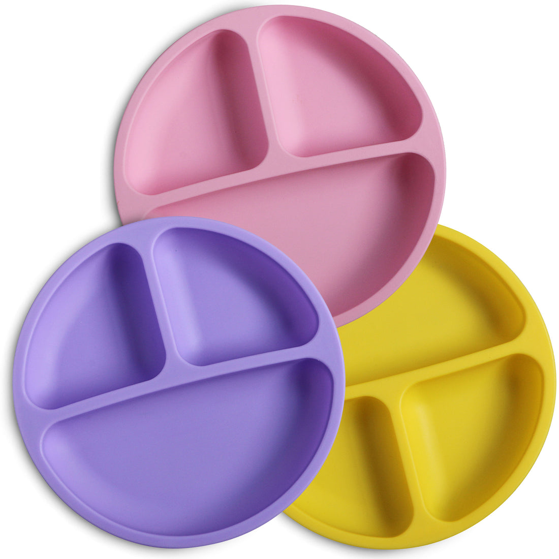 Divided Silicone toddler plates in pink, purple, and yellow