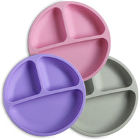 Purpler, pink, and grey divided silicone toddler plates