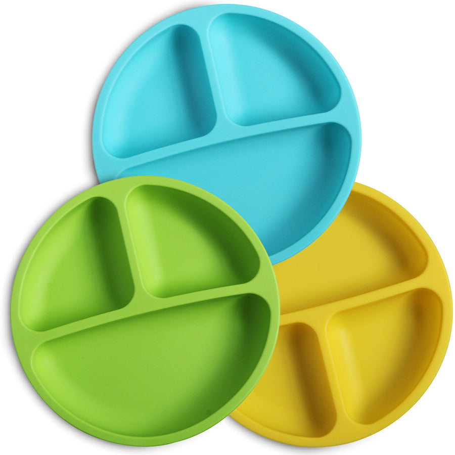 Silicone Divided toddler plates in blue green and yellow