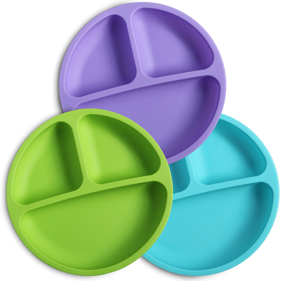 Purpler, Green, and Blue Silicone Divided toddler plates