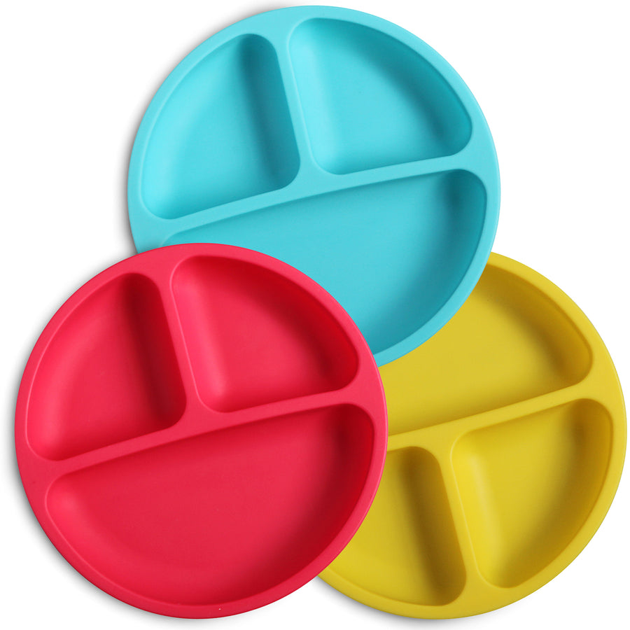 Silicone divided plates for toddlers in blue, red and yellow