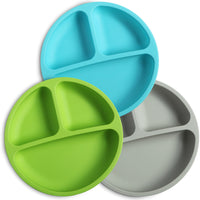Divided blue green and grey toddler silicone plates
