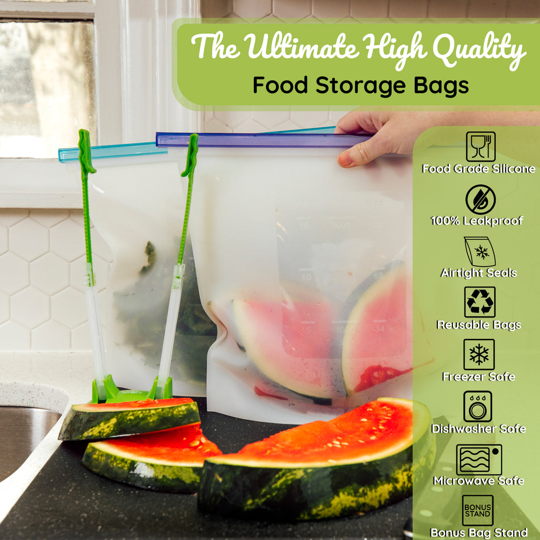 WeeSprout Silicone Reusable Food Storage Bags - Leakproof & Airtight Freezer Bags (Two 16 Cup Bags), Freezer & Microwave Frie