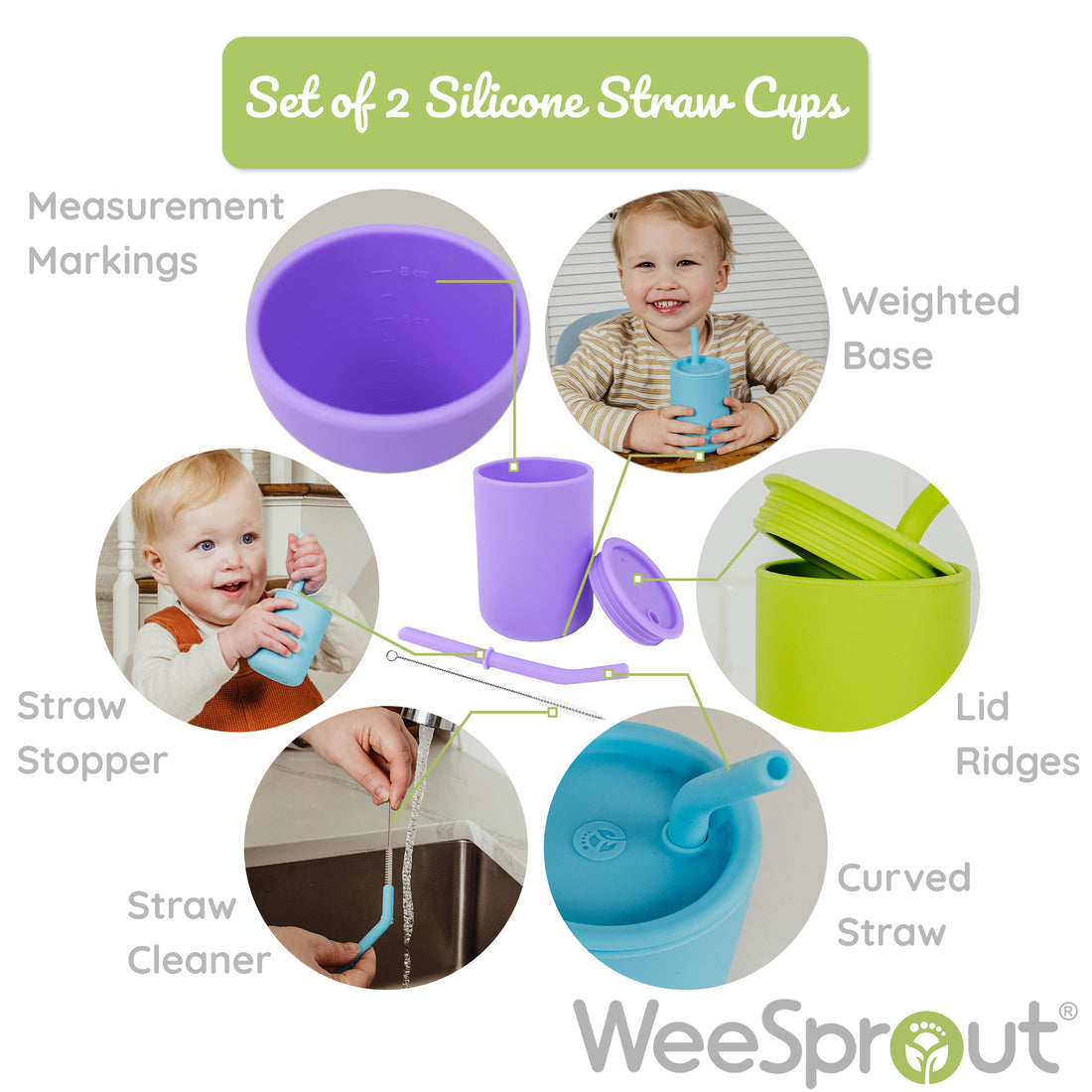 Infographic chart of silicone straw cup used with straw cleaner, curved straw, lid ridges, and weighted base.