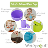 Infographic chart of silicone straw cup used with straw cleaner, curved straw, lid ridges, and weighted base.