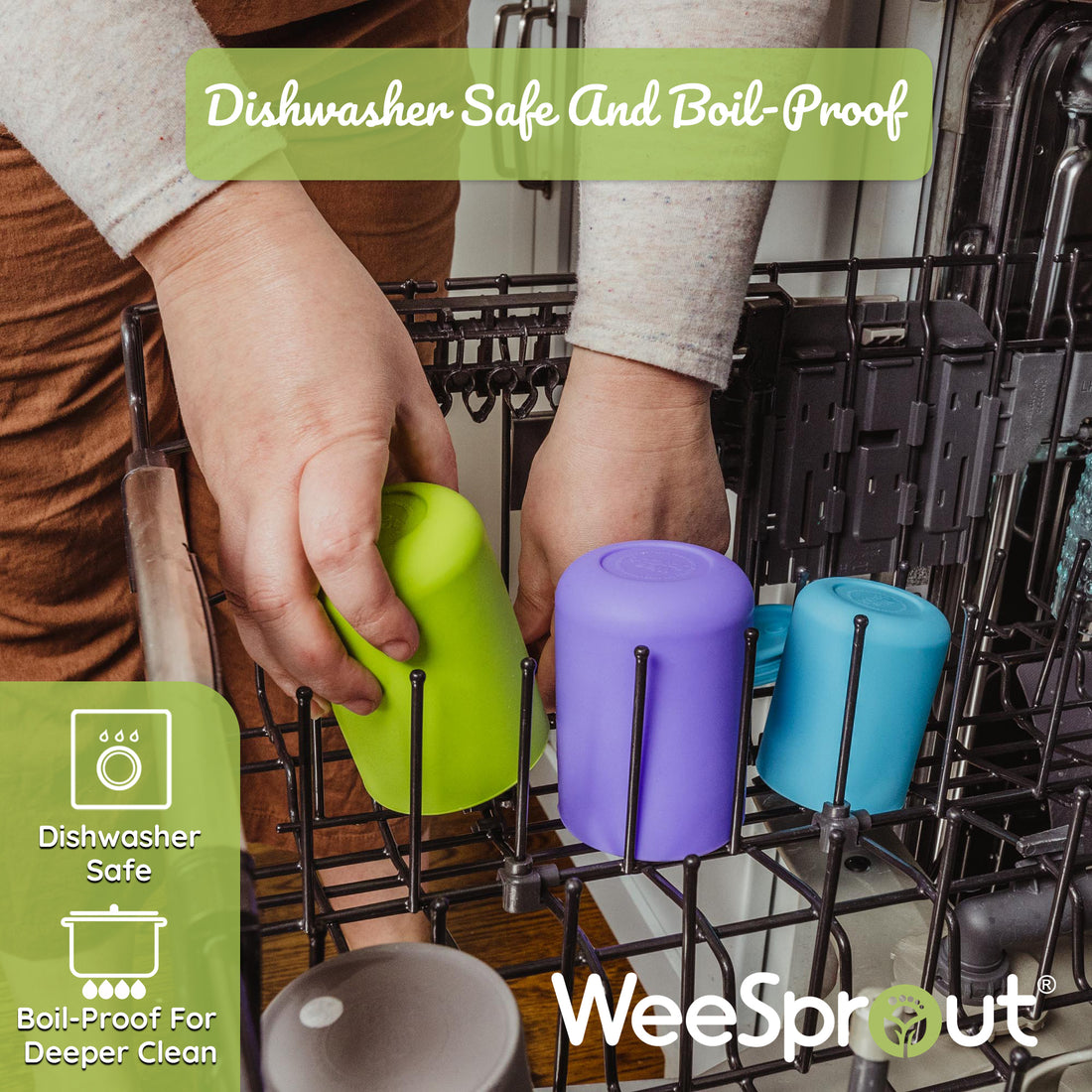 Hands placing silicone straw cups in dishwasher