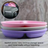 Stack of divided toddler silicone plates  with a circle picture in the top left of the image showing them in a bag. with text at the bottom that reads Nested plates make storage space and travel easy without breaking 