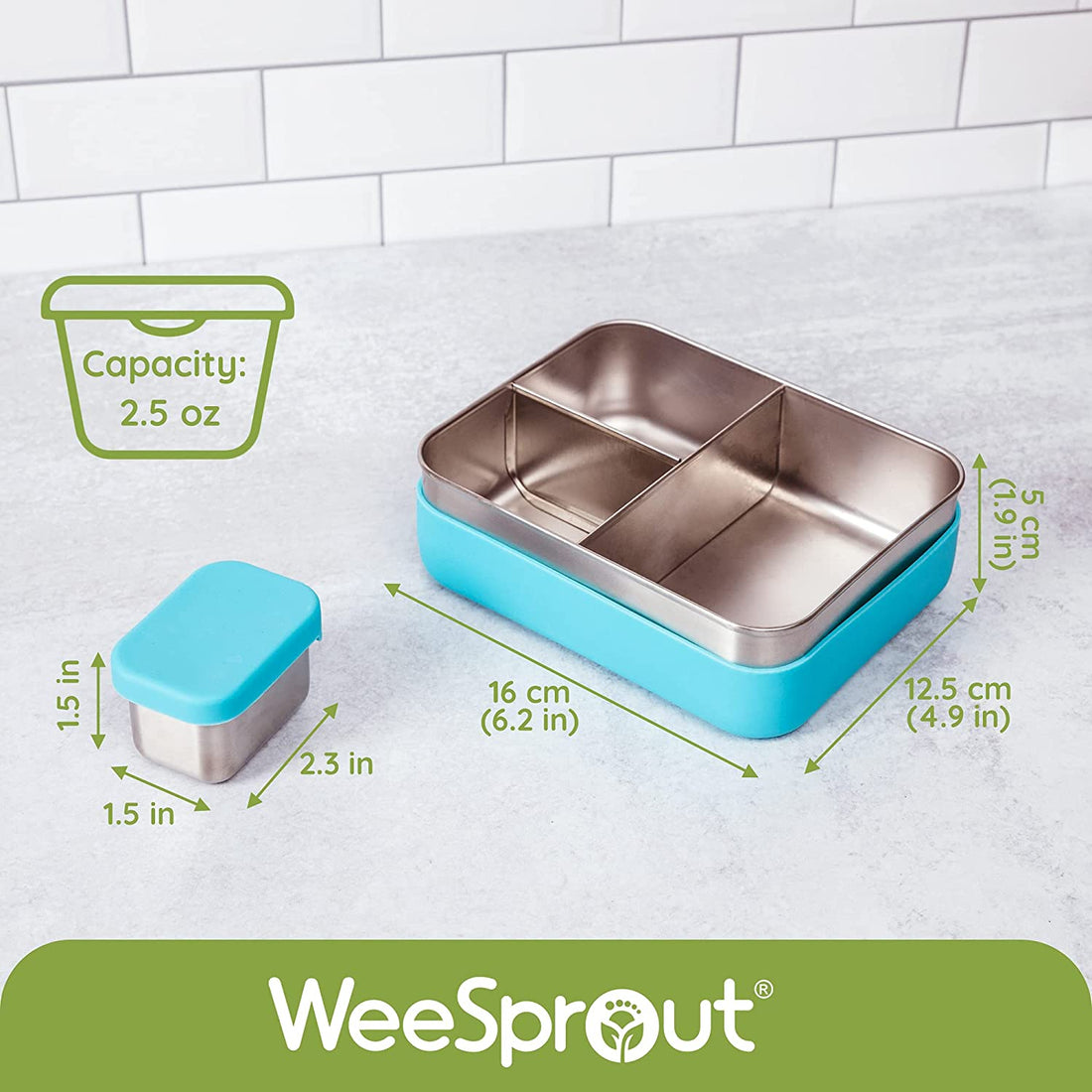 WeeSprout 18/8 Stainless Steel Bento Box (Compact Lunch Box) - 3 Compartment Metal Lunch Containers, for Kids & Adults, Bonus