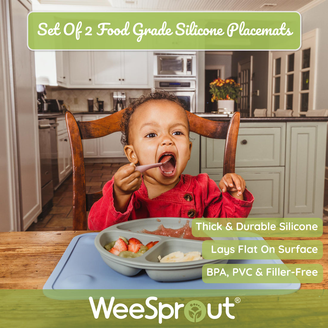 WeeSprout Suction Plates for Babies & Toddlers - 100% Silicone, Plates Stay Put with Suction Feature, Divided Design for Picky E