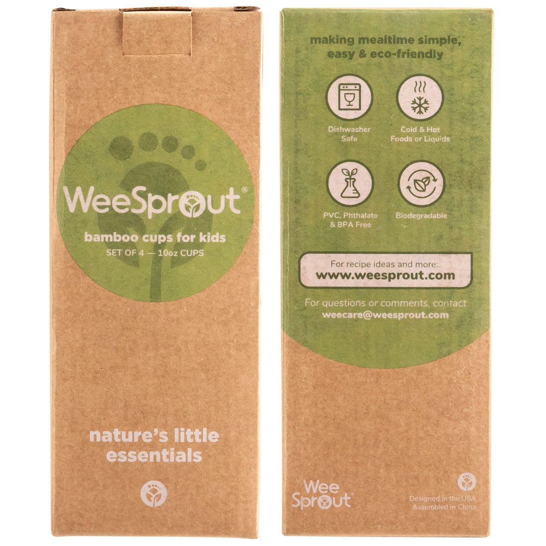 WeeSprout Bamboo Toddler Cups - 4 PC Set (10 fl oz), Organic & Non-Plastic Cup Pack for Toddlers, Big Kids or Baby, Natural