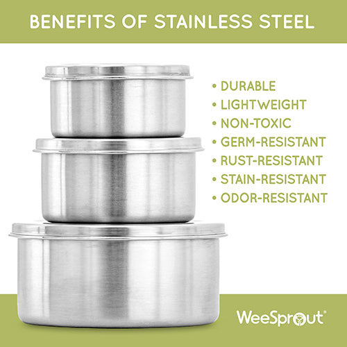 WeeSprout 18/8 Stainless Steel Food Containers | Leakproof | Set of 3, Silver