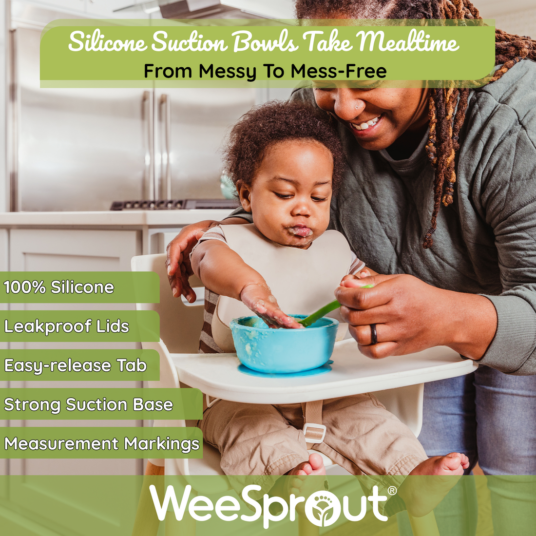 WeeSprout Silicone Suction Bowls for Babies Leakproof Silicone Lids  Ultra-durable for Babies & Toddlers Extra Strong Suction Easy-Release Tab  Dishwasher Microwave & Freezer Safe Set of 2 