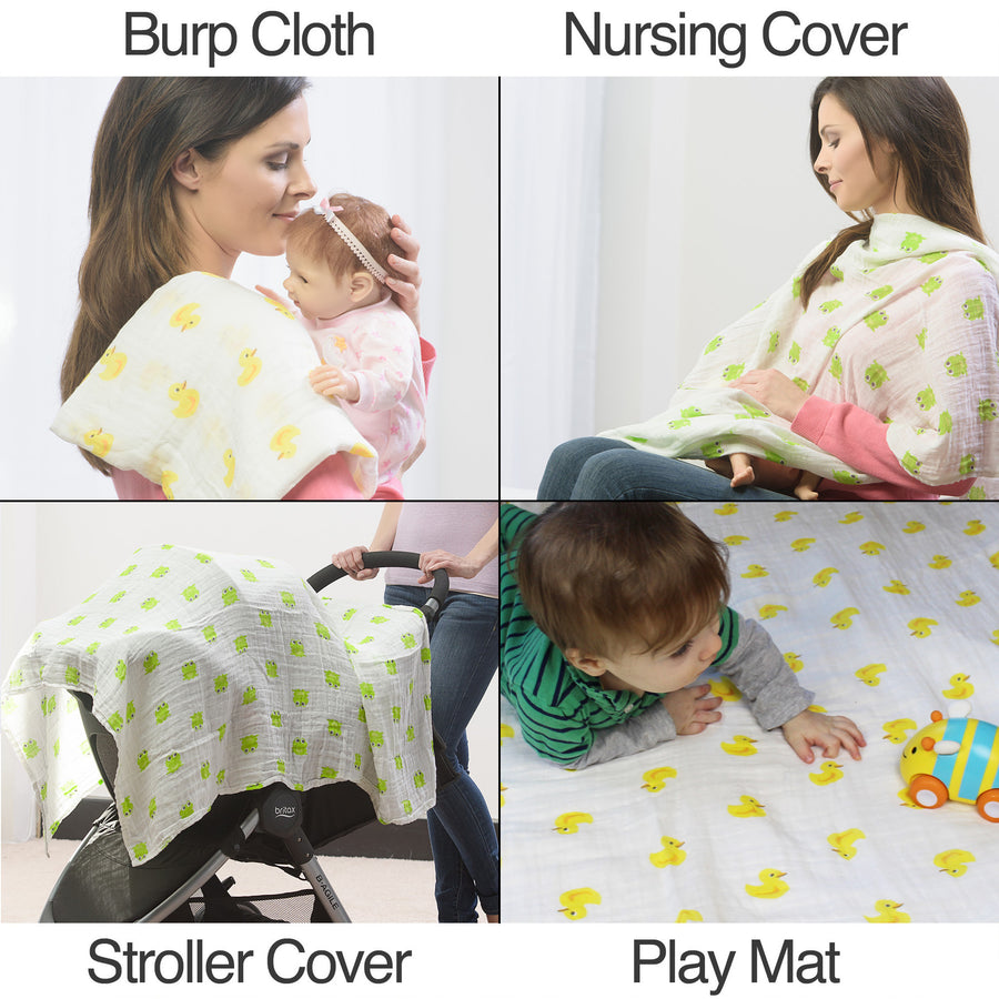 Showing thediffrent uses for the swaddle blanket, burp clot, nursing cover, sun cover, or play mat